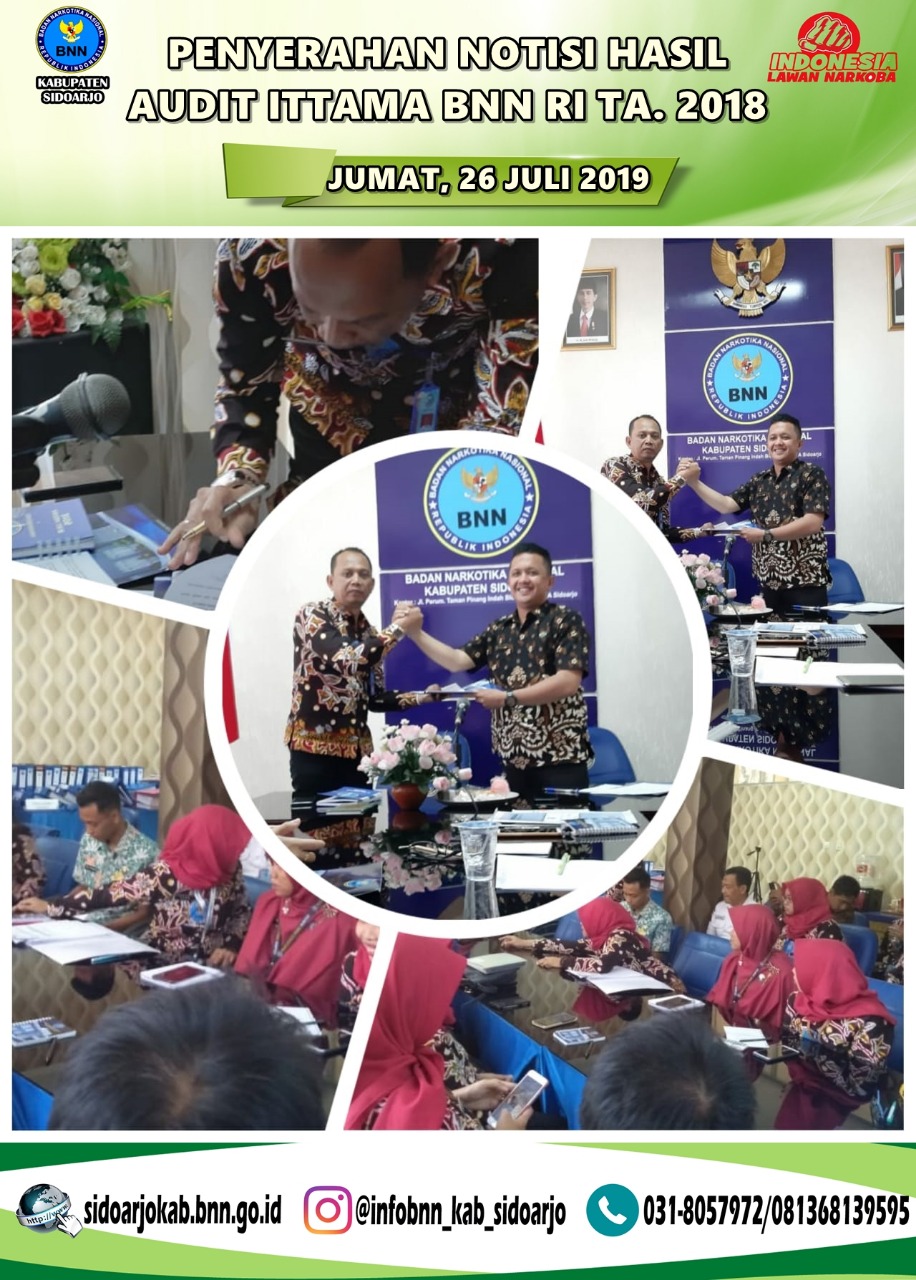 PENYERAHAN NOTISI HASIL AUDIT TA. 2018 OLEH ITTAMA BNN RI KEPADA KEPALA BNNK SIDOARJO PENYERAHAN NOTISI HASIL AUDIT TA. 2018 OLEH ITTAMA BNN RI KEPADA KEPALA BNNK SIDOARJO