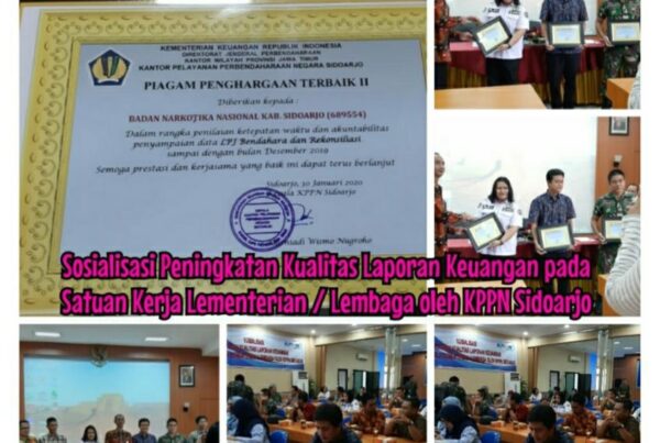 BNNK SIDOARJO MERAIH PENGHARGAAN SATKER TERBAIK II DALAM RANGKA PENILAIAN KETEPATAN DATA LPJ BENDAHARA DAN REKONSILIASI TA 2019