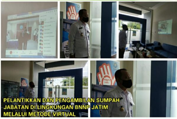 KEPALA BNNK SIDOARJO MENGIKUTI PELANTIKKAN DAN PENGAMBILAN SUMPAH JABATAN DI LINGKUNGAN BNNP JATIM MELALUI METODE VIRTUAL